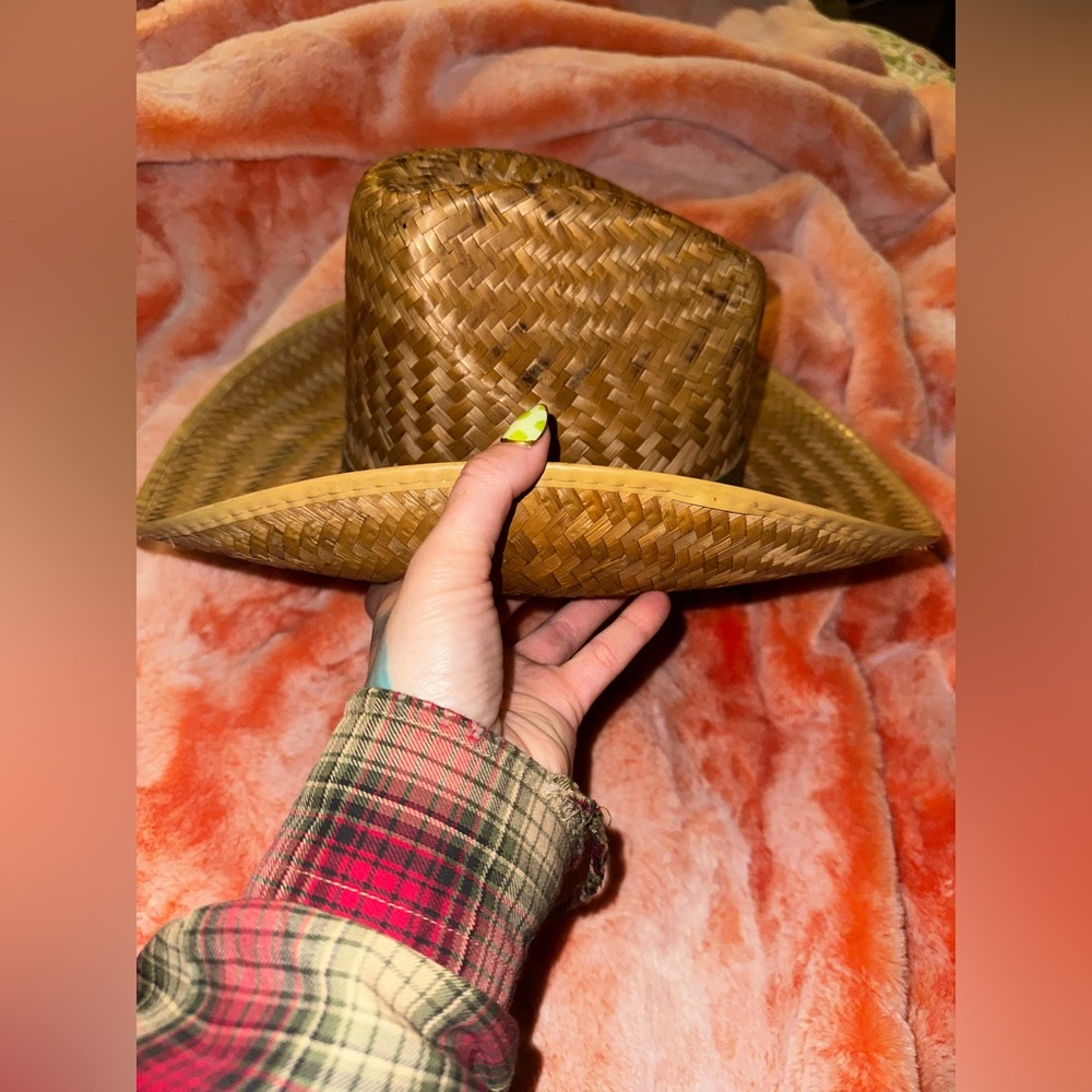 Hand Woven Straw Cowboy Hat Green Leather Band Featuring Feathers - Picture 7 of 15